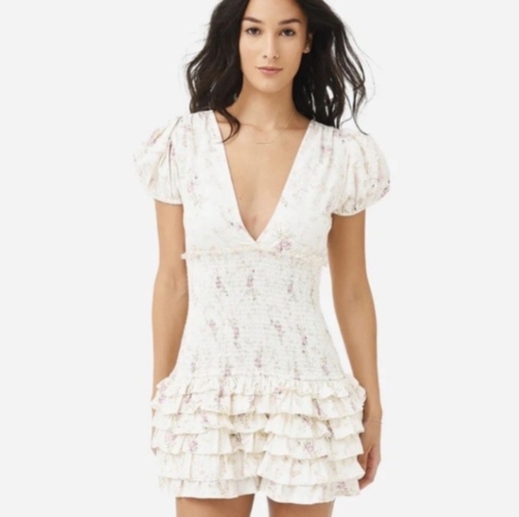 LoveShackFancy Radia Mini V-Neck Smocked Cream Floral Mini Dress Size M - Picture 2 of 9